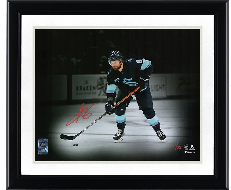 Adam Larsson Seattle Kraken Autographed 11" x 14" Deep Sea Blue Jersey with Puck Spotlight Photograph - Limited Edition of 22