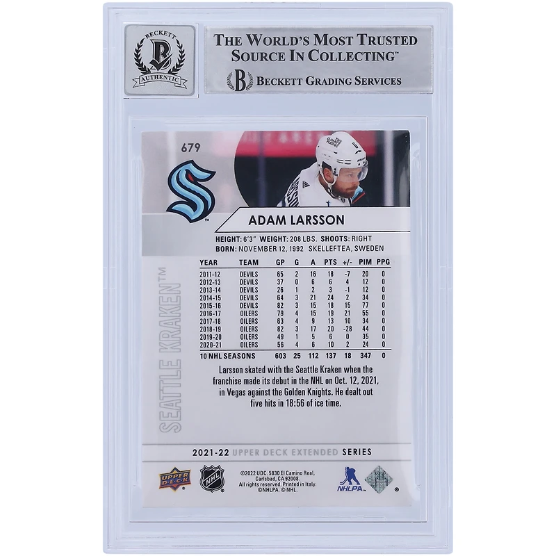 Adam Larsson Seattle Kraken Autographed 2021-22 Upper Deck Extended Series #679 Beckett Fanatics Witnessed Authenticated 10 Card