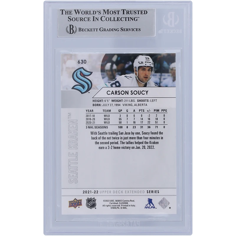 Carson Soucy Seattle Kraken Autographed 2021-22 Upper Deck Extended Series #630 Beckett Fanatics Witnessed Authenticated Card