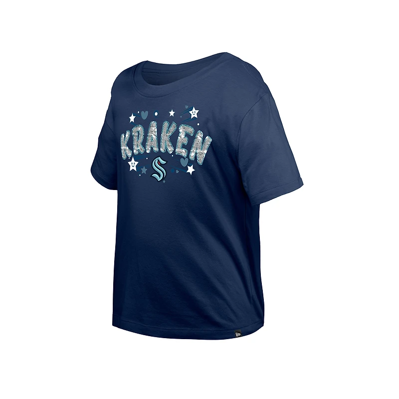Girl's Youth New Era  Deep Sea Blue Seattle Kraken Flip Sequin T-Shirt