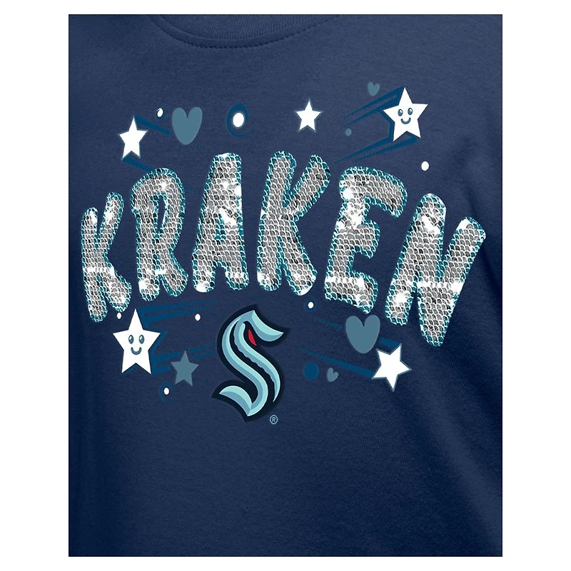 T-shirt à paillettes bleu marine Seattle Kraken Flip pour fille New Era