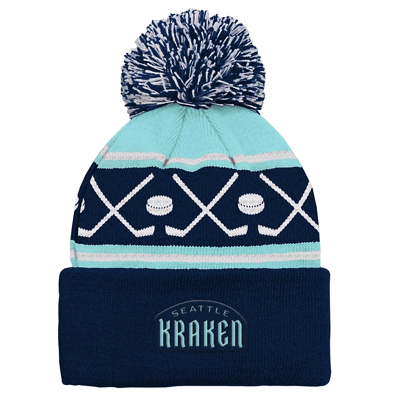 Bonnet en tricot à revers et pompon Seattle Kraken Face-Off pour bébé bleu marine