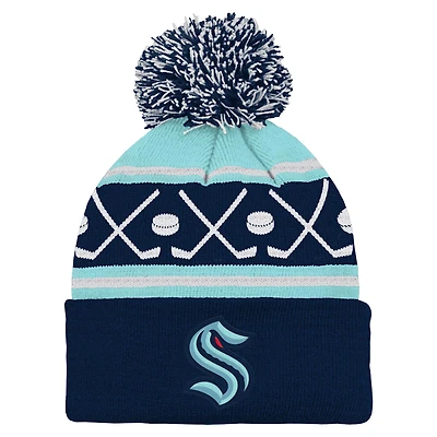Bonnet en tricot à revers et pompon Seattle Kraken Face-Off pour bébé bleu marine