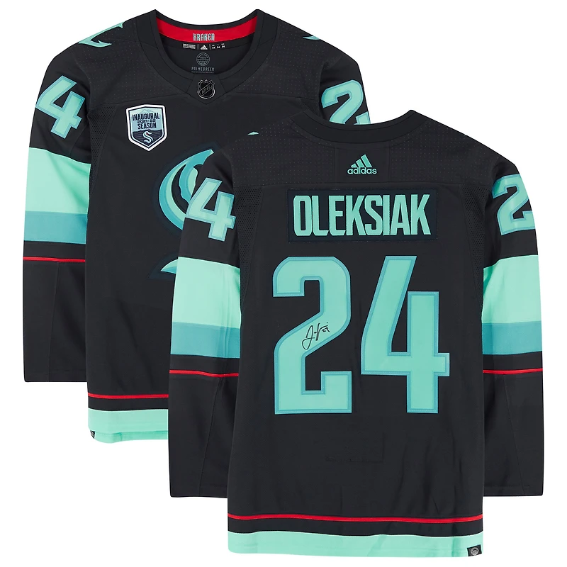 Maillot authentique adidas autographié par Jamie Oleksiak, Seattle Kraken, couleur bleu marine profond, avec écusson de la saison inaugurale