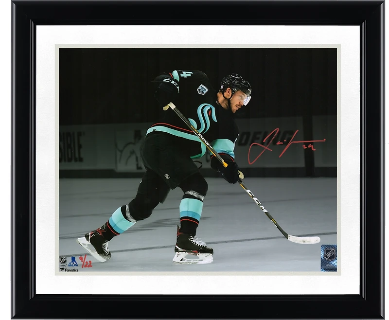 Jamie Oleksiak Seattle Kraken Autographed 11" x 14" Deep Sea Blue Jersey Shooting Spotlight Photograph - Limited Edition of 22