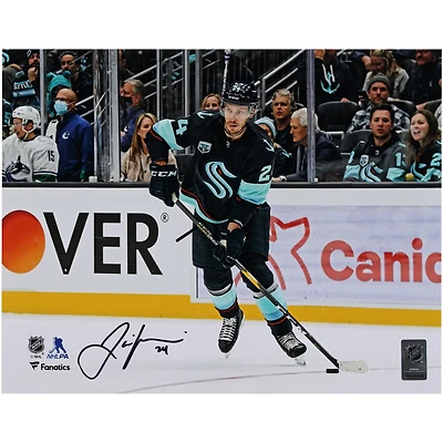 Jamie Oleksiak Seattle Kraken Autographed 11" x 14" Navy Jersey Passing Photograph