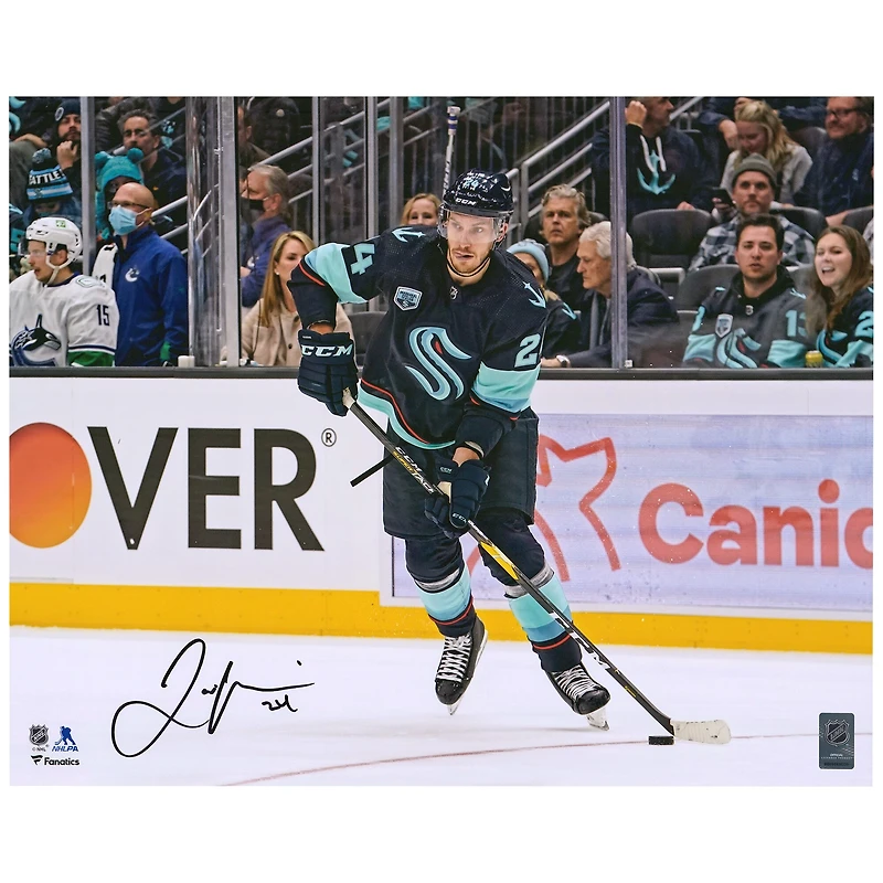 Jamie Oleksiak Seattle Kraken Autographed 16'' x 20'' Deep Sea Blue Jersey Passing Photograph