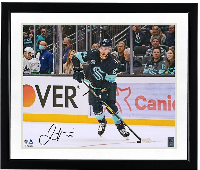Jamie Oleksiak Seattle Kraken Autographed 16'' x 20'' Deep Sea Blue Jersey Passing Photograph