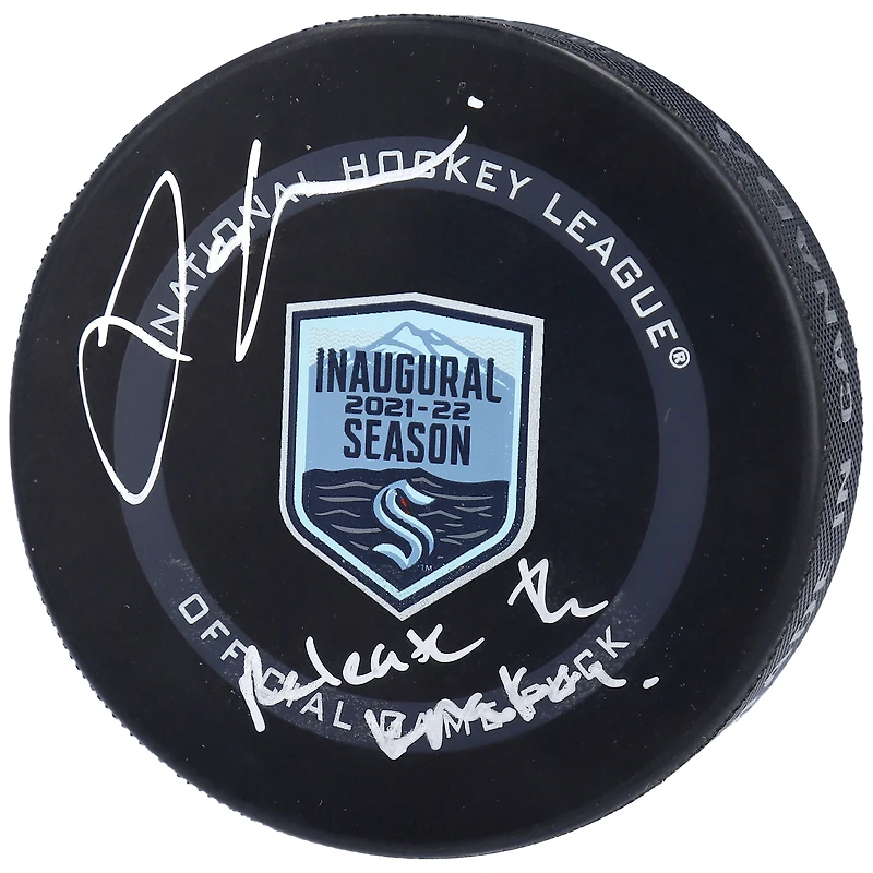 Jamie Oleksiak Seattle Kraken Autographed 2021-22 Inaugural Season Official Game Puck with "Release The Kraken" Inscription