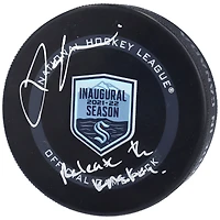 Jamie Oleksiak Seattle Kraken Autographed 2021-22 Inaugural Season Official Game Puck with "Release The Kraken" Inscription