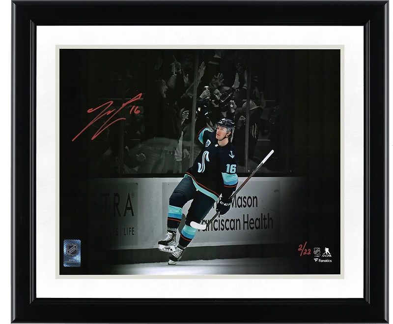 Jared McCann Seattle Kraken Autographed 11" x 14" Deep Sea Blue Jersey Celebration Spotlight Photograph - Limited Edition of 22