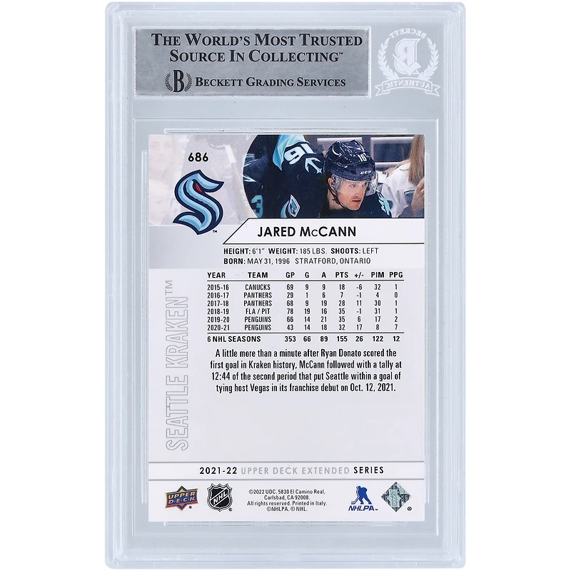 Jared McCann Seattle Kraken Autographed 2021-22 Upper Deck Extended Series #686 Beckett Fanatics Witnessed Authenticated Card