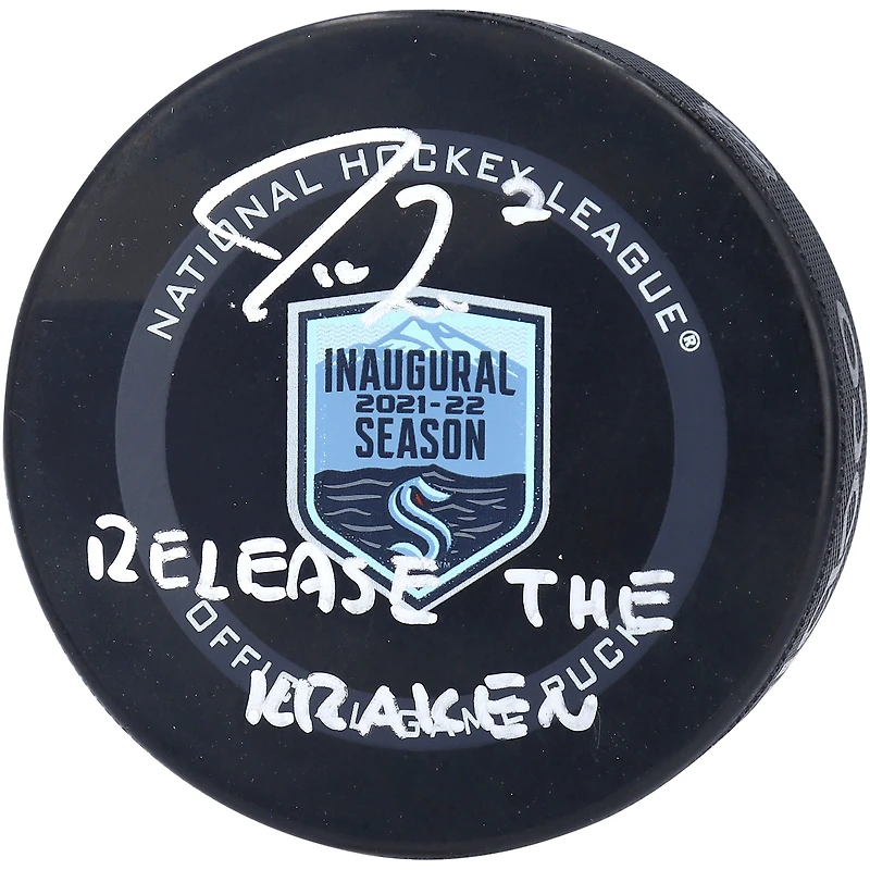 Jordan Eberle Seattle Kraken Autographed 2021-22 Inaugural Season Official Game Puck with "Release The Kraken" Inscription