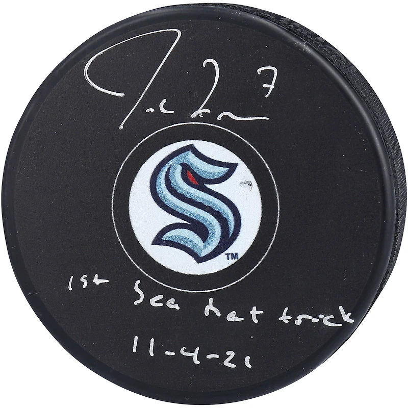 Jordan Eberle Seattle Kraken Autographed Inaugural Season Official Game Puck with ''1st Sea Hat Trick 11-4-21'' Inscription