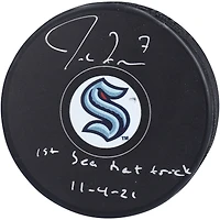 Jordan Eberle Seattle Kraken Autographed Inaugural Season Official Game Puck with ''1st Sea Hat Trick 11-4-21'' Inscription