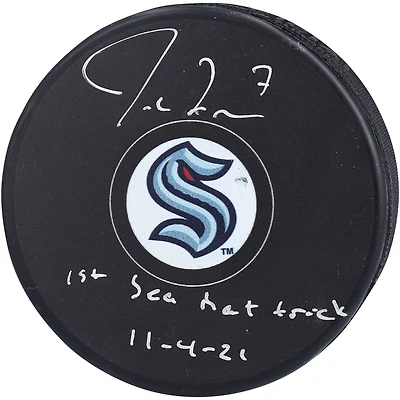 Jordan Eberle Seattle Kraken Autographed Inaugural Season Official Game Puck with ''1st Sea Hat Trick 11-4-21'' Inscription
