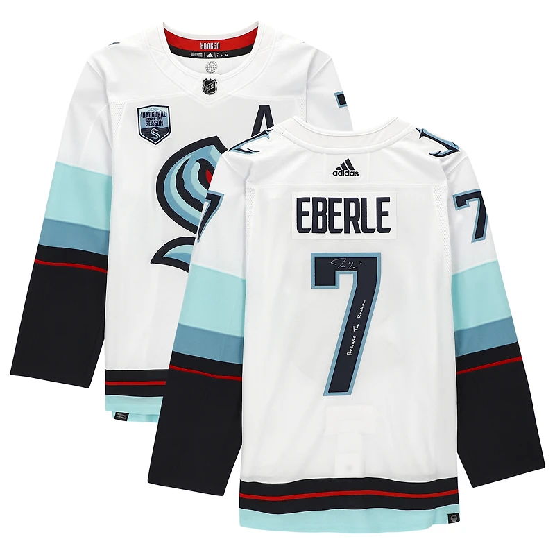 Maillot authentique adidas autographié par Jordan Eberle White Seattle Kraken avec inscription « Release The Kraken » et patch de maillot de la saison inaugurale