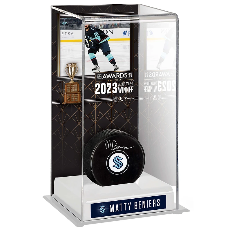 Matty Beniers Autographed Seattle Kraken 2023 Calder Trophy Winner Deluxe Tall Hockey Display Case with Puck