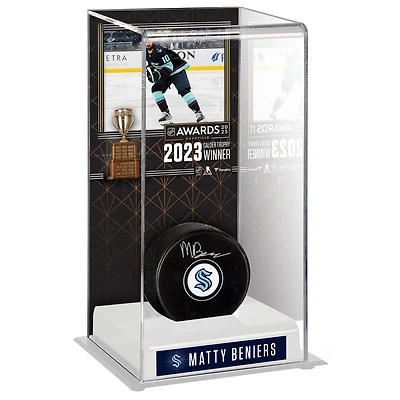 Matty Beniers Autographed Seattle Kraken 2023 Calder Trophy Winner Deluxe Tall Hockey Display Case with Puck