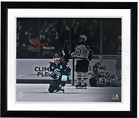 Matty Beniers Seattle Kraken Autographed 16" x 20" Navy Jersey Celebration Photograph