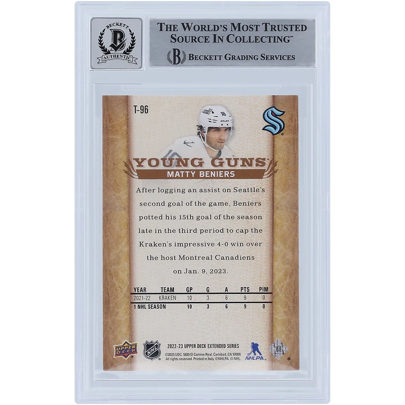 Matty Beniers Seattle Kraken Autographed 2022-23 Upper Deck Extended Series Young Guns '07-08 Retro #T-96 Beckett Fanatics Witnessed Authenticated 9/10 Rookie Card 