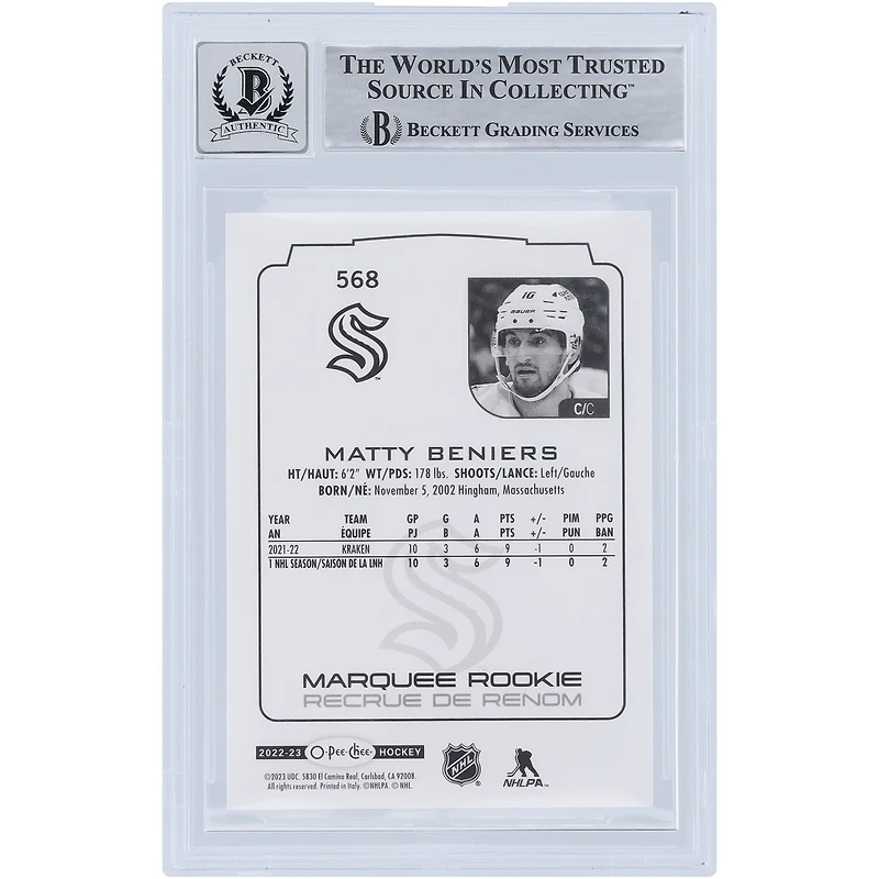 Carte de recrue 10 authentifiée signée Matty Beniers Seattle Kraken 2022-23 Upper Deck O-Pee-Chee Marquee Rookies #568 Beckett Fanatics