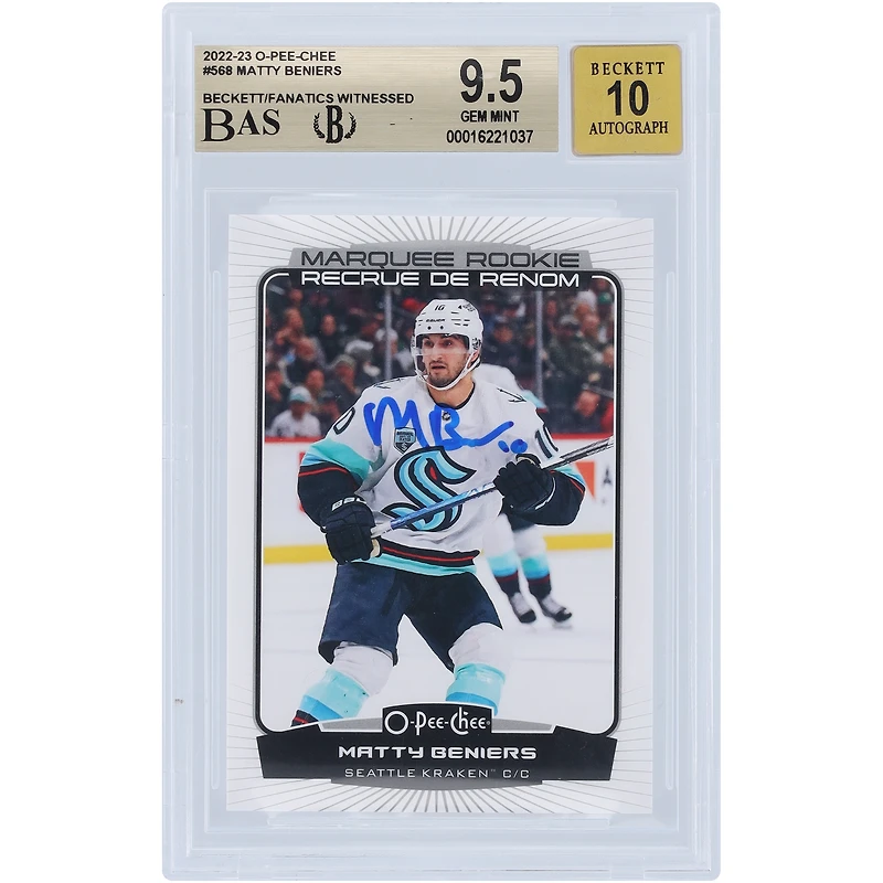 Carte recrue autographiée 2022-23 Upper Deck O-Pee-Chee Marquee Rookies #568 Beckett Fanatics Witnessed Authenticated 9.5/10 Rookie Card de Matty Beniers Seattle Kraken
