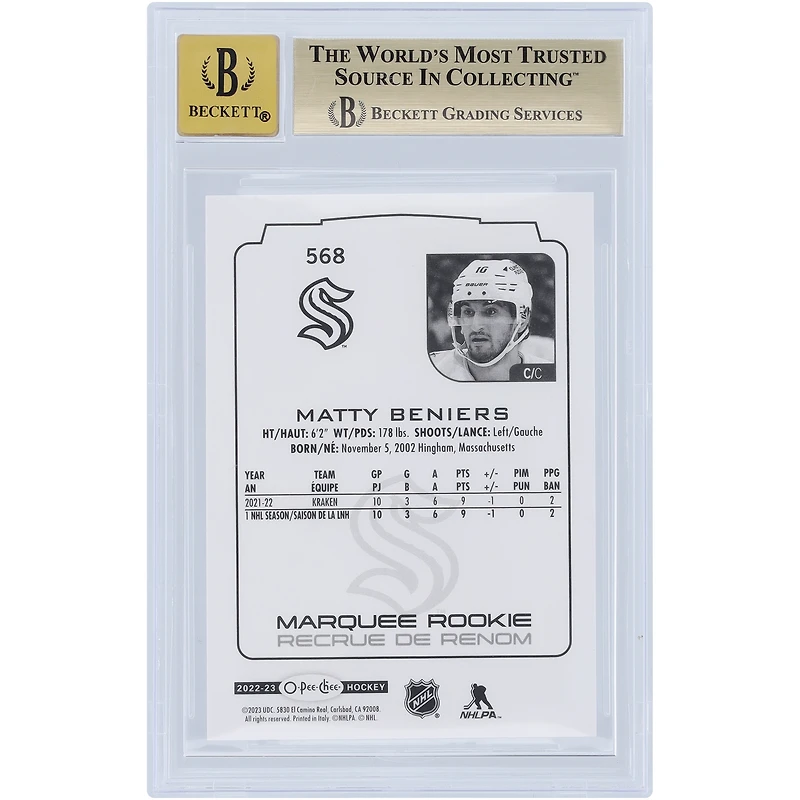 Matty Beniers Seattle Kraken Autographed 2022-23 Upper Deck O-Pee-Chee Marquee Rookies #568 Beckett Fanatics Witnessed Authenticated /10 Rookie Card