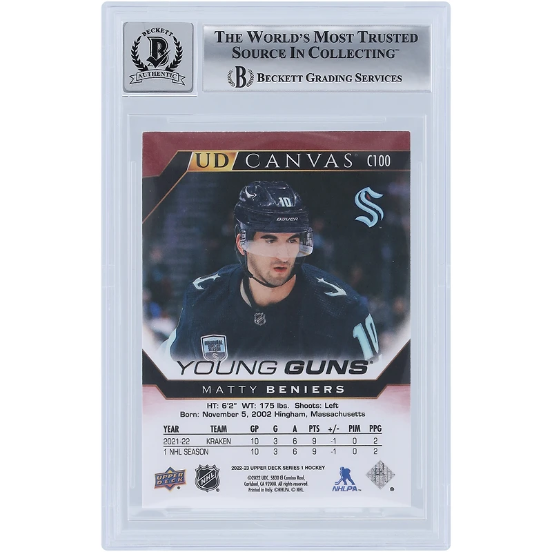 Matty Beniers Seattle Kraken Autographed 2022-23 Upper Deck Series 1 Young Guns Canvas #C100 Beckett Fanatics Witnessed Authenticated 9/10 Rookie Card