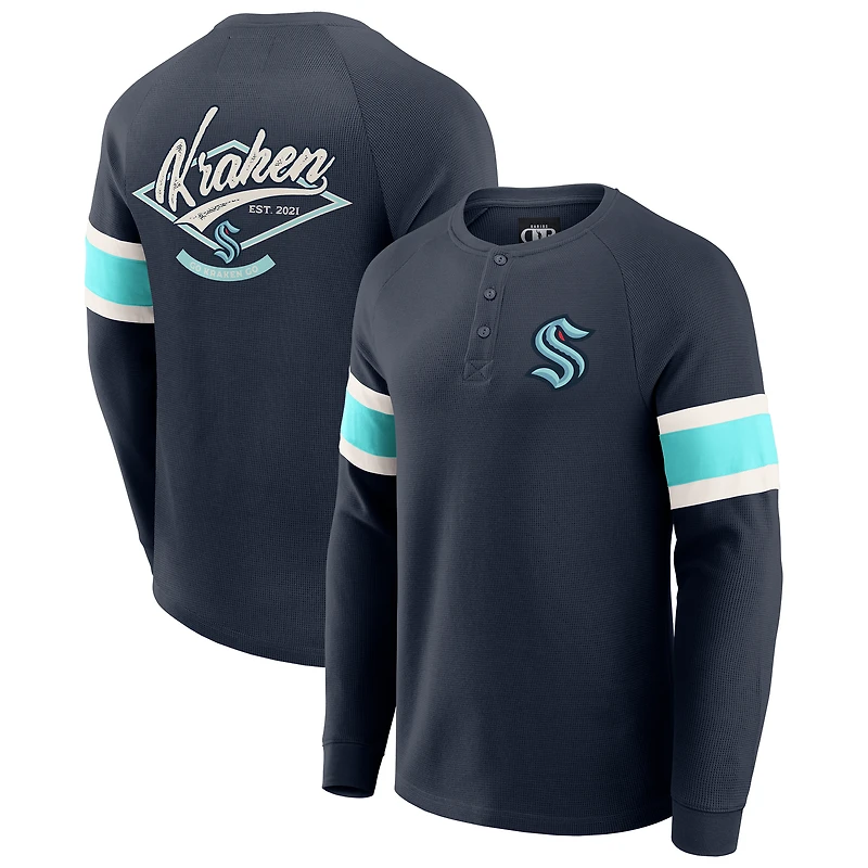 T-shirt Henley à manches longues raglan en tricot gaufré bleu marine Seattle Kraken pour homme de la collection Darius Rucker par Fanatics
