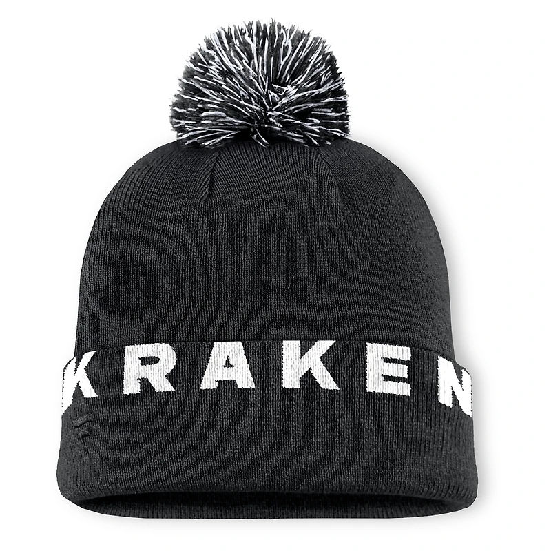 Men's Fanatics  Black Seattle Kraken Fundamental High Stick Cuffed Knit Hat with Pom