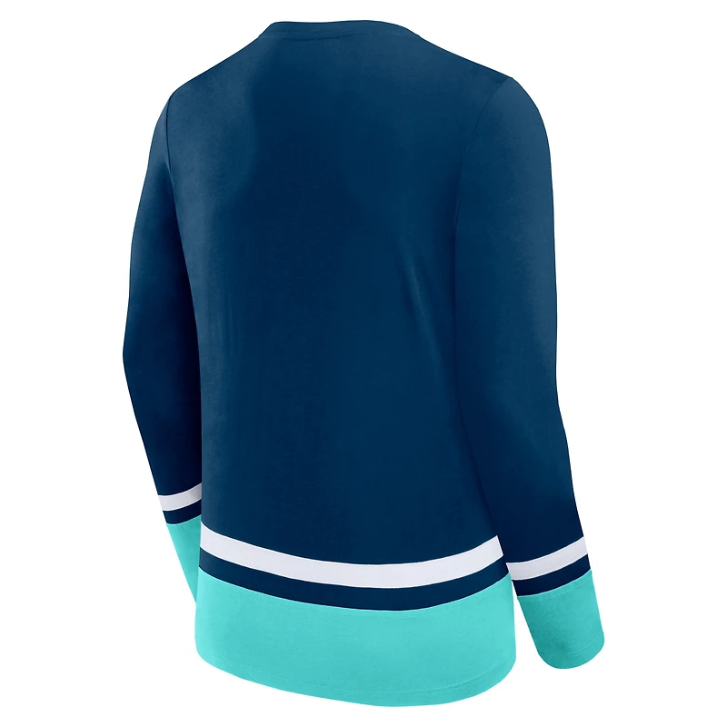 T-shirt à manches longues lacets Seattle Kraken Back Pass Fanatics Deep Sea Blue pour hommes