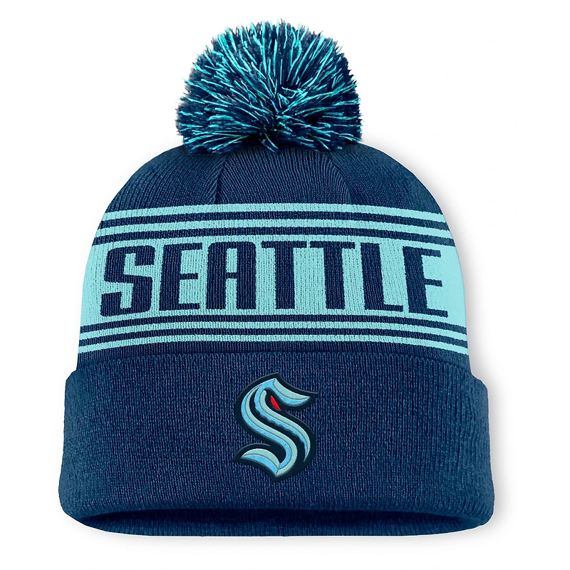 Bonnet en tricot à revers avec pompon pour homme Fanatics Seattle Kraken Fundamental bleu marine