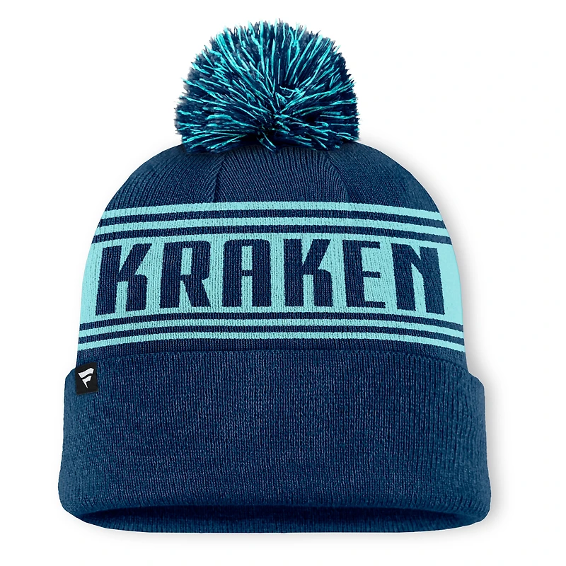Bonnet en tricot à revers avec pompon pour homme Fanatics Seattle Kraken Fundamental bleu marine