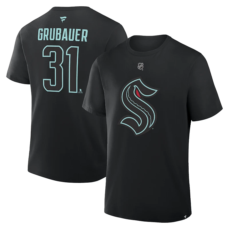 Men's Fanatics Philipp Grubauer Black Seattle Kraken Authentic Stack Name & Number T-Shirt