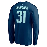 Fanatics pour hommes Philipp Grubauer Deep Sea Blue Seattle Kraken Authentic Stack Name & Number T-shirt à manches longues