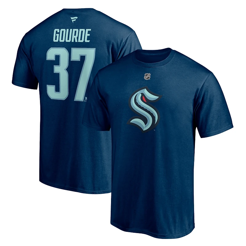 T-shirt Fanatics Yanni Gourde Deep Sea Blue Seattle Kraken pour homme - Authentique avec nom et numéro Stack
