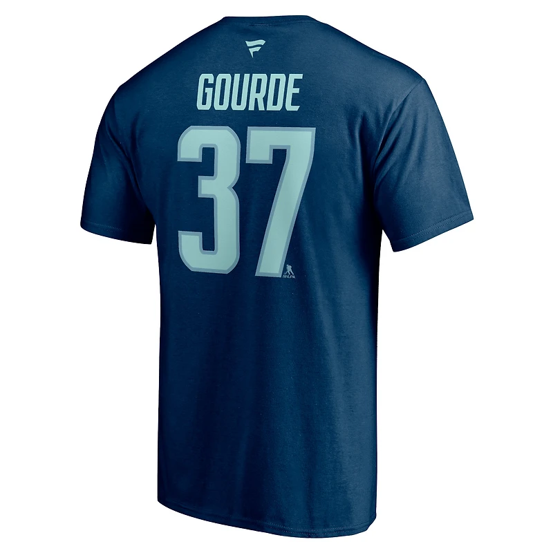Fanatics pour hommes Yanni Gourde Deep Sea Blue Seattle Kraken - T-shirt authentique avec nom et numéro de pile