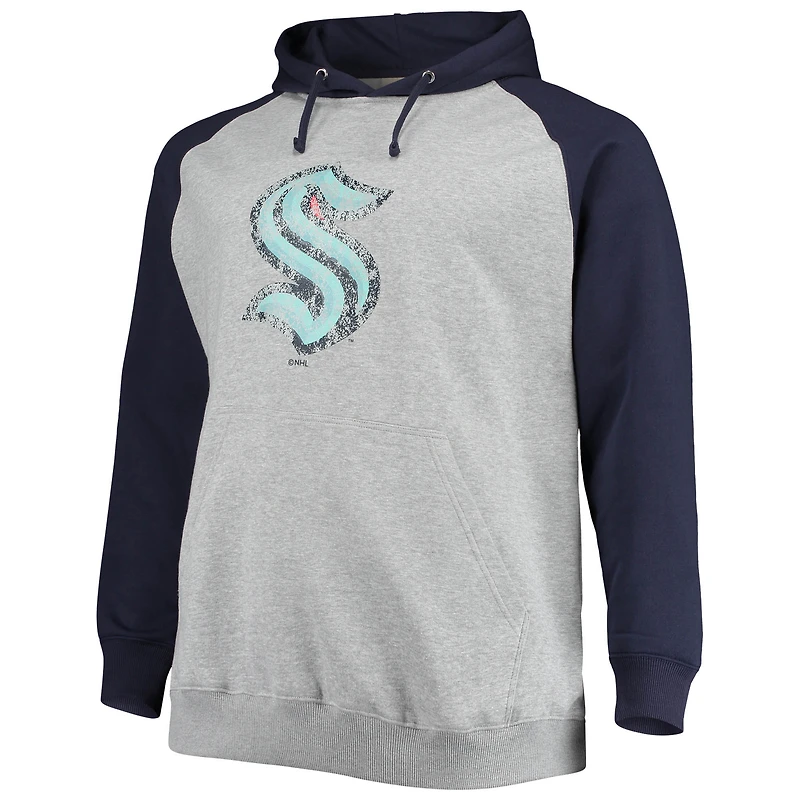 Men's Heathered Gray/Deep Sea Blue Seattle Kraken Big & Tall Raglan Pullover Hoodie