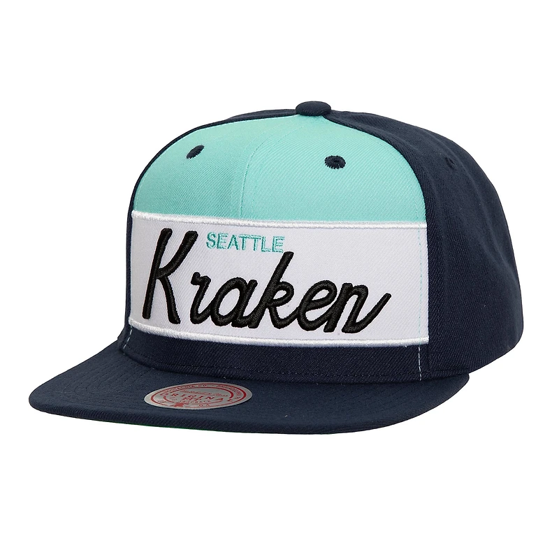 Casquette Snapback Seattle Kraken Retro Script Colorblock Deep Sea Blue Mitchell & Ness pour hommes