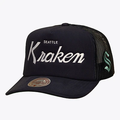 Men's Mitchell & Ness Navy Seattle Kraken Head Coach Trucker Adjustable Hat