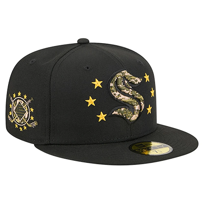 Casquette ajustée 59FIFTY Seattle Kraken Military Appreciation pour homme, motif camouflage numérique, étoiles, noire, New Era