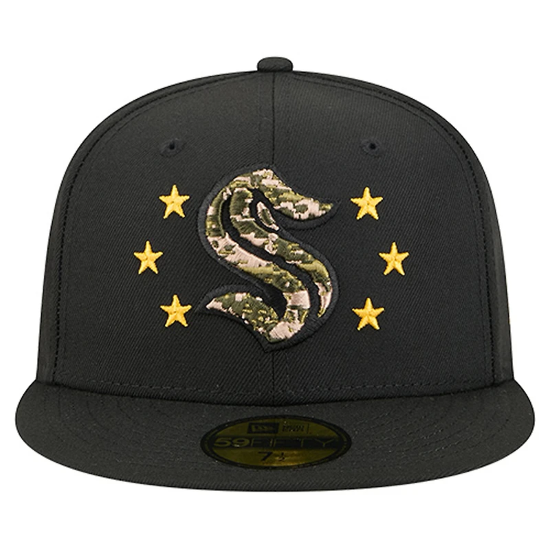 Casquette ajustée 59FIFTY Seattle Kraken Military Appreciation pour homme, motif camouflage numérique, étoiles, noire, New Era