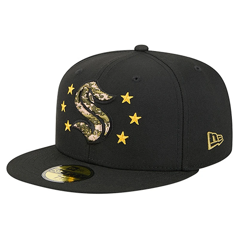 Casquette ajustée 59FIFTY Seattle Kraken Military Appreciation pour homme, motif camouflage numérique, étoiles, noire, New Era