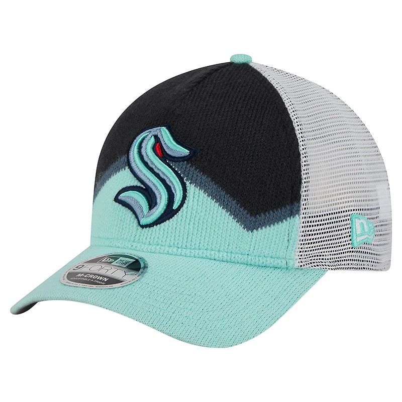 Men's New Era Light Blue/Deep Sea Blue Seattle Kraken Hockey Sock 9FORTY A-Frame M-Crown Adjustable Trucker Hat