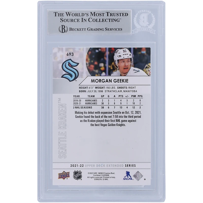 Morgan Geekie Seattle Kraken Autographed 2021-22 Upper Deck Extended Series #693 Beckett Fanatics Witnessed Authenticated Card