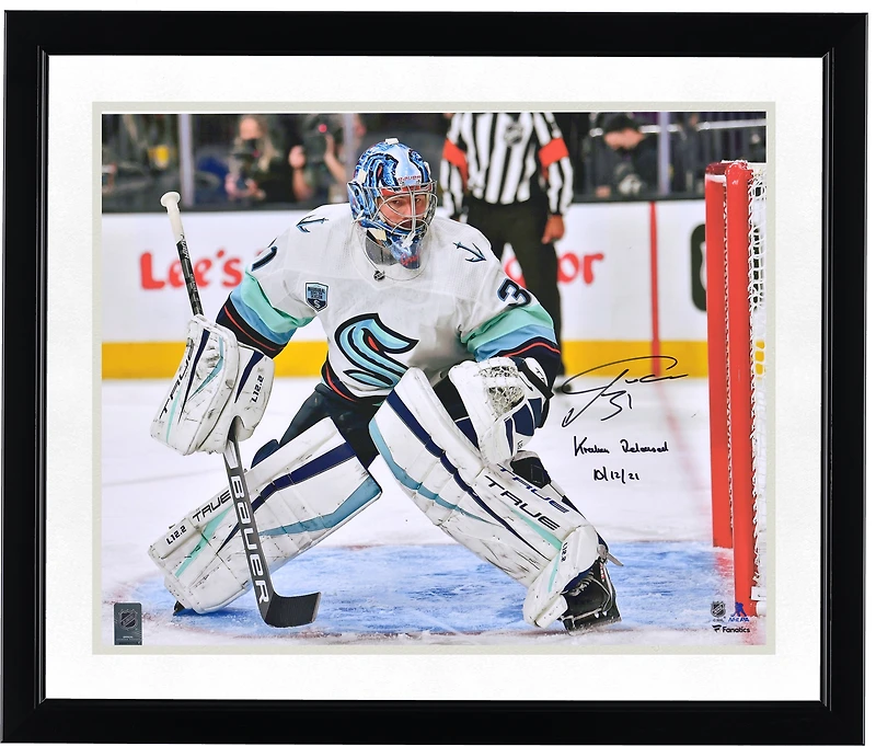 Philipp Grubauer Seattle Kraken Autographed 16'' x 20'' First Game vs. Las Vegas Golden Knights Photograph with ''Kraken Released 10/12/21'' Inscription