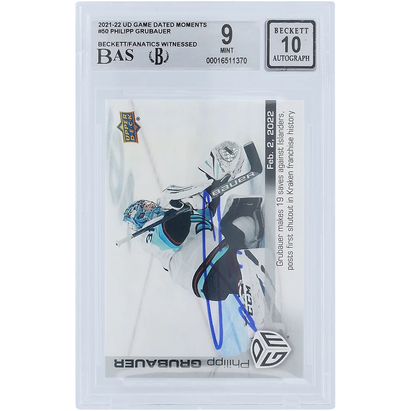 Philipp Grubauer Seattle Kraken Autographed 2021-22 Upper Deck Game Dated Moments #50 #/499 Beckett Fanatics Witnessed Authenticated 9/10 Card