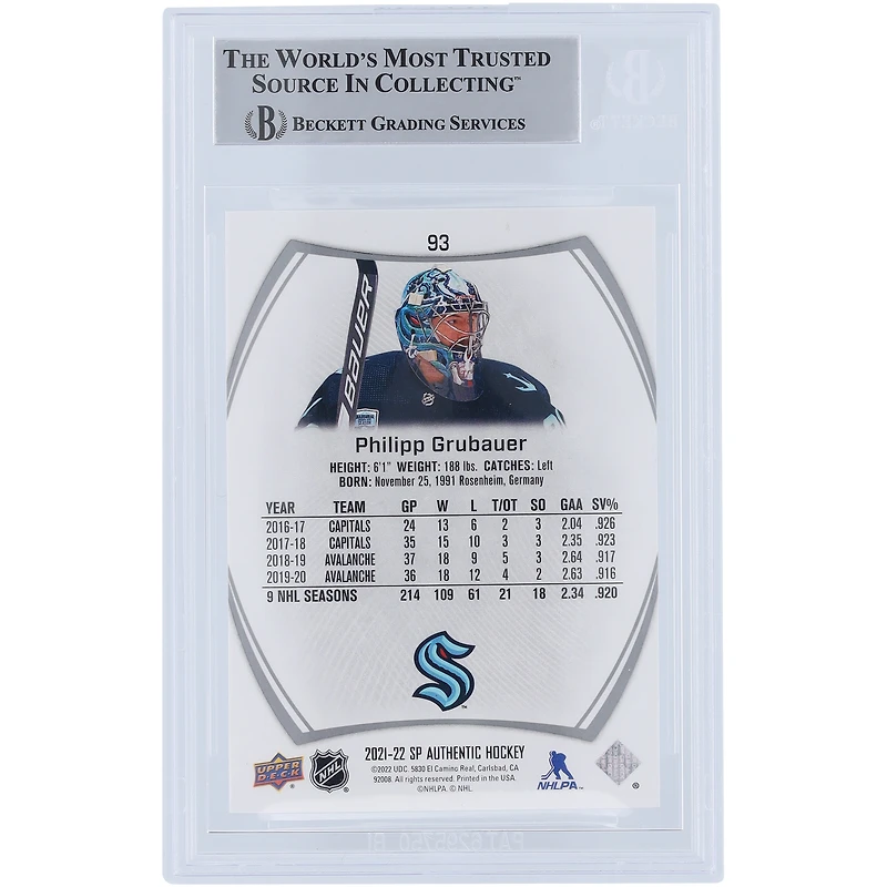 Philipp Grubauer Seattle Kraken Autographed 2021-22 Upper Deck SP Authentic #93 Beckett Fanatics Witnessed Authenticated Card