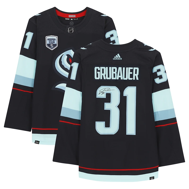 Philipp Grubauer Seattle Kraken Autographed Deep Sea Blue adidas Authentic Jersey with Inaugural Season Jersey Patch